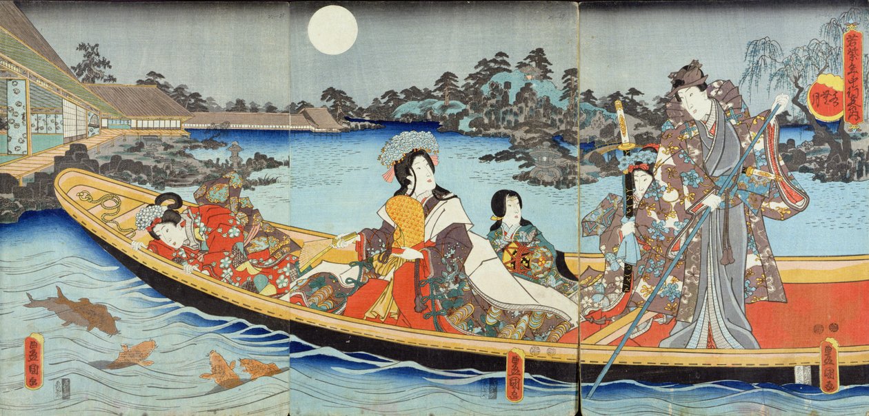 Tríptico retratando um príncipe, princesa e damas da corte navegando em uma lagoa do jardim sob a lua cheia em junho, provavelmente do "Conto de Genji", de 1849 a 1850 (impressão em xilogravura a cores) de Utagawa Kunisada