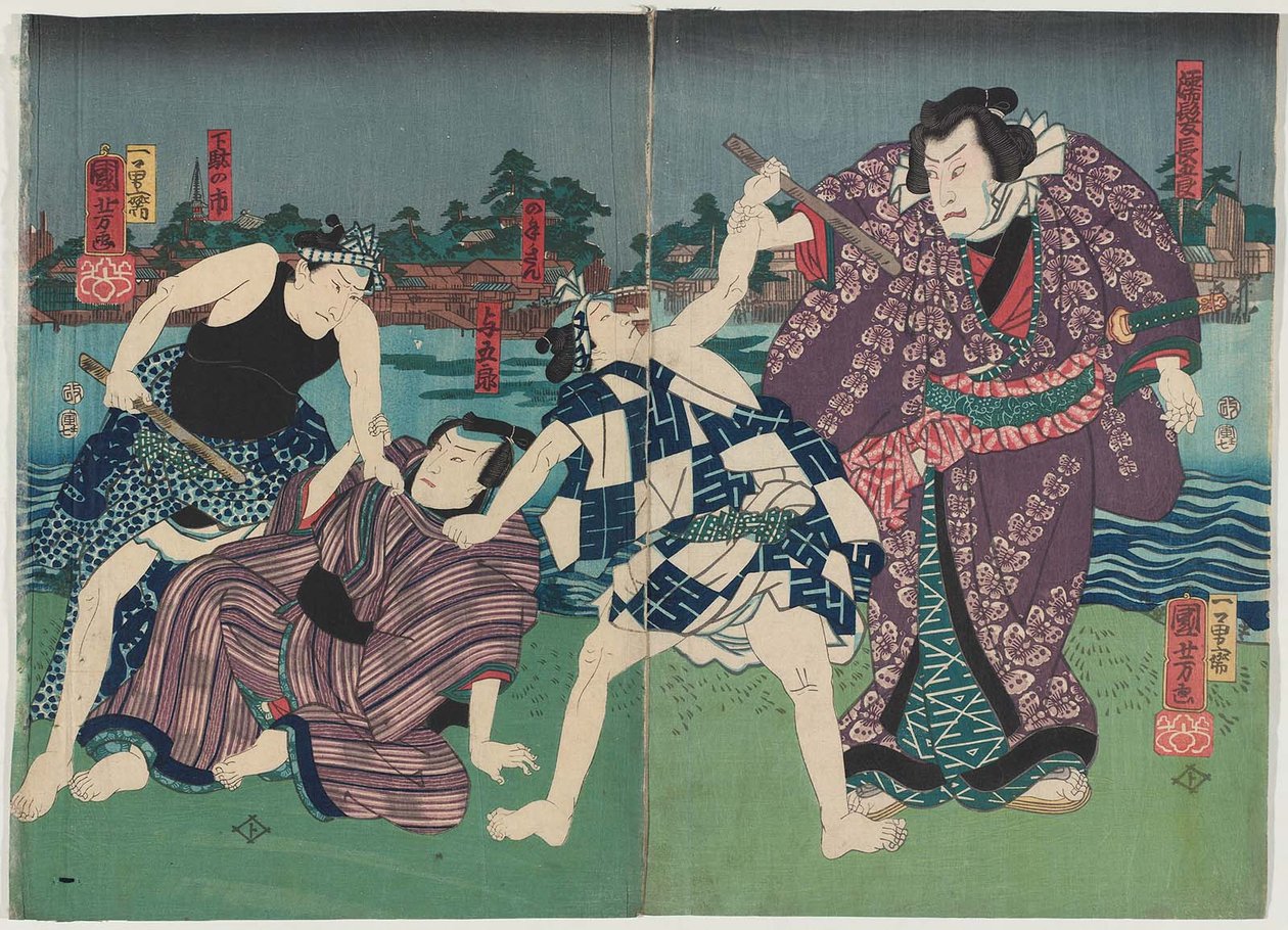 Atores Arashi Kichisaburo III como Nuregami Chogoro R e Nakamura Fukusuke I como Yogoro L de Utagawa Kuniyoshi