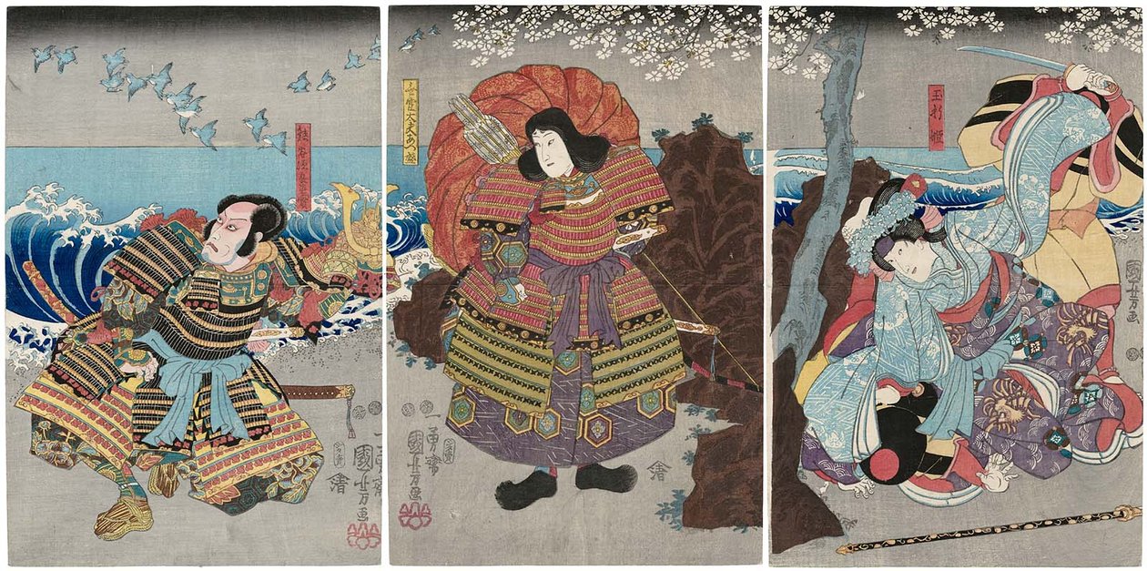Atores Iwai Kumesaburo III como Tamaori-hime R, Ichikawa Saruzo I como Mukan Dayu Atsumori C e Ichikawa Ebizo V como Kumagai Jiro Naozane L de Utagawa Kuniyoshi