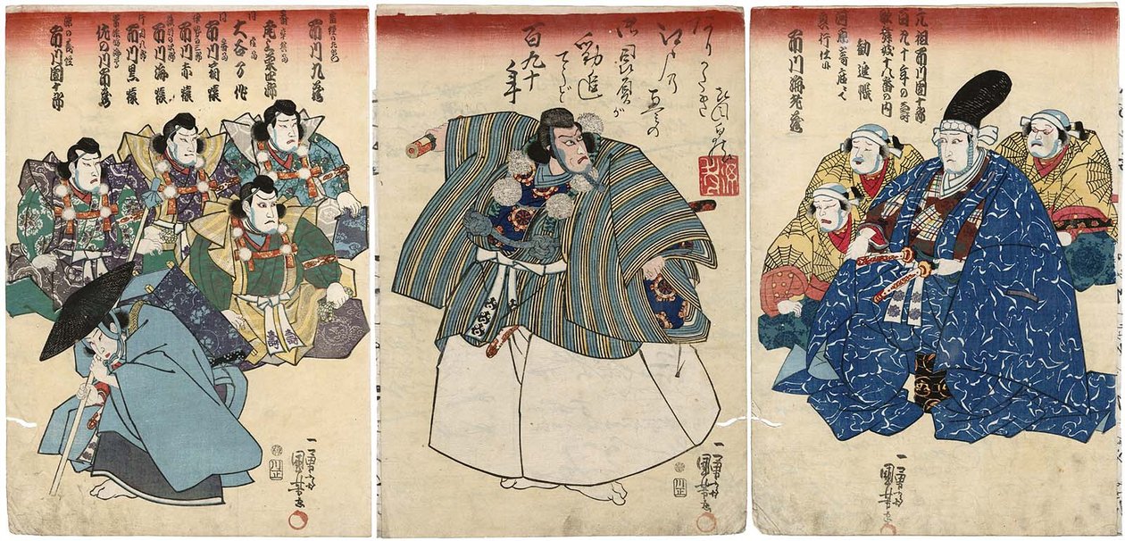 Atores em Kanjincho: Ichikawa Kuzo II como Togashi não Saemon R, Ichikawa Ebizo V como Musashibo Benkei C, Ichikawa Danjuro VIII como Minamoto no Yoshitsune L de Utagawa Kuniyoshi