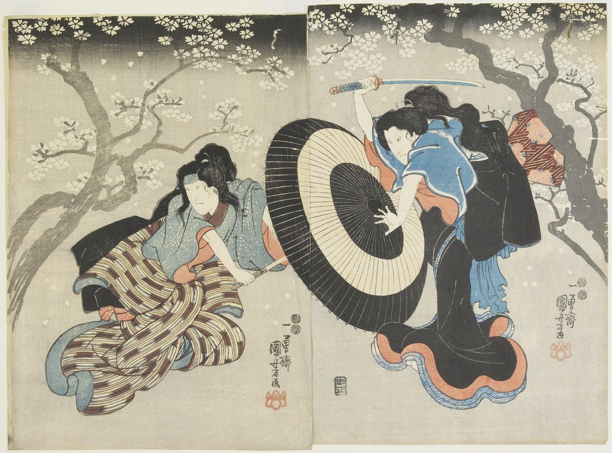 (Duas mulheres lutando sob Cherry Tree, uma cena de um Kabuki Play), 1847-1852 de Utagawa Kuniyoshi