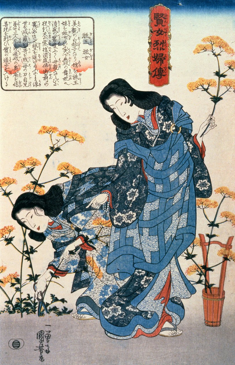Gio e Giji Recolhendo Flores, da série Histórias de Mulheres Sábias e Esposas Fiéis (Kenjo reppuden) publicado por Iba-ya Sensaburo (caneta, tinta e wc no papel) de Utagawa Kuniyoshi