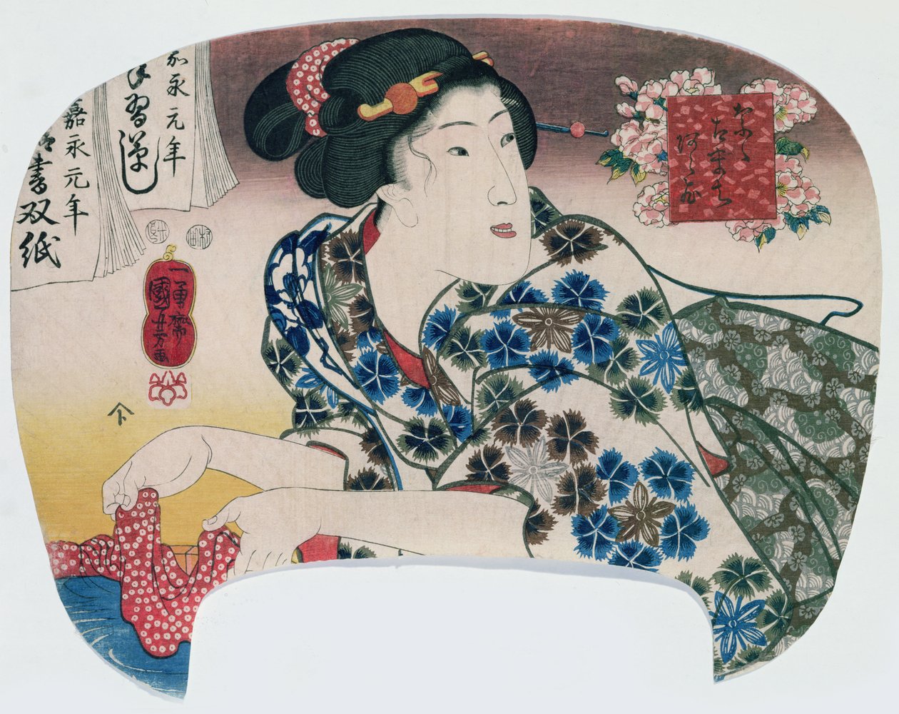 Garota lavando um pano estampado, de &39;Seven Kokachi&39;, pub. 1848 (impressão em xilogravura a cores) de Utagawa Kuniyoshi