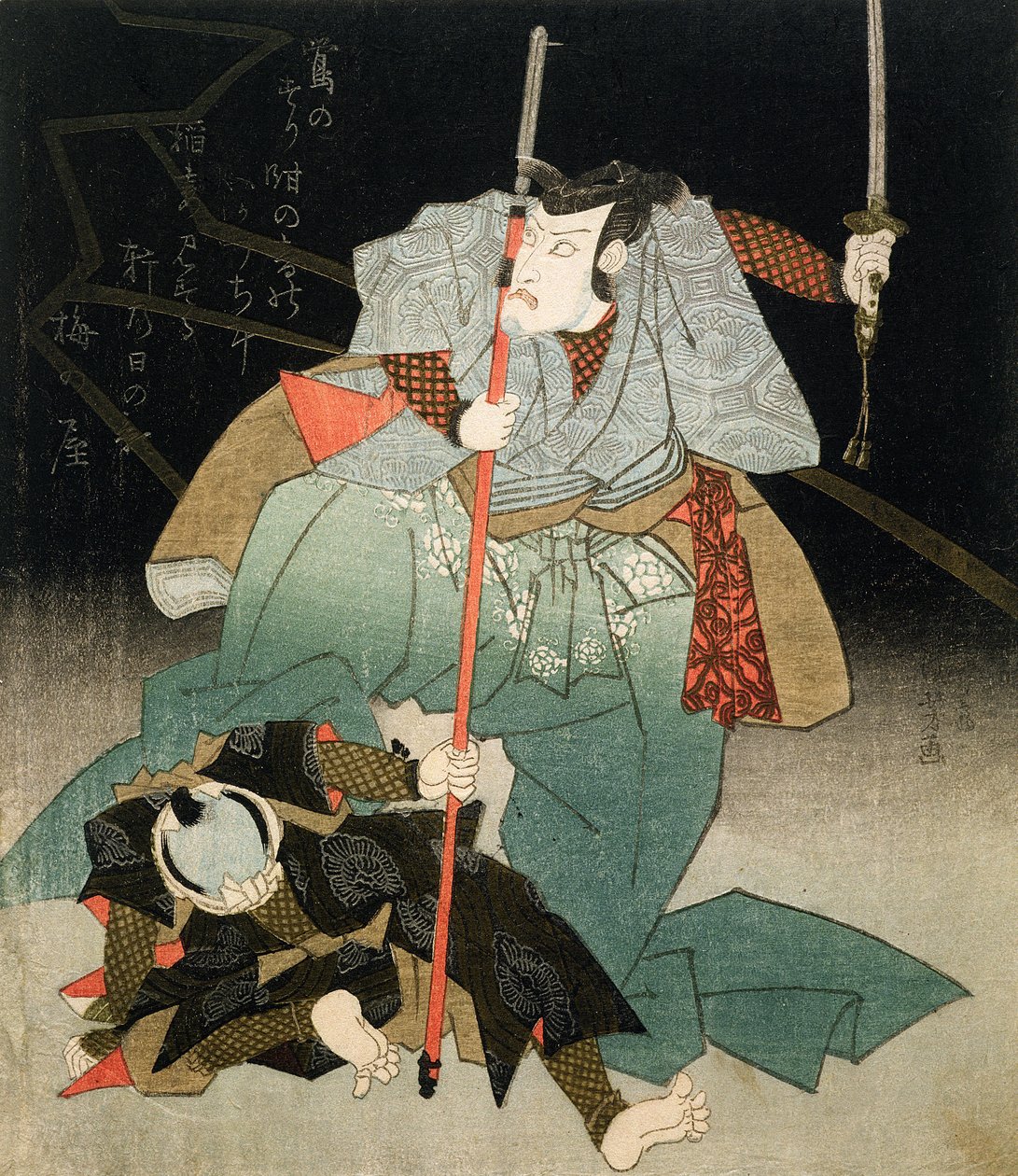 Ichikawa Danjuro VII Ultrapassando um Oficial da Lei, c.1830-44 (xilogravura) de Utagawa Kuniyoshi