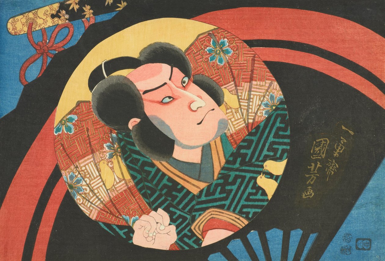 Imagem de um ator de kabuki em um ventilador de dobramento de Utagawa Kuniyoshi