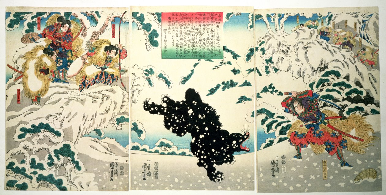 Kamei Rokuro e o Urso Preto na Neve, 1849 (impressão em xilogravura a cores) de Utagawa Kuniyoshi