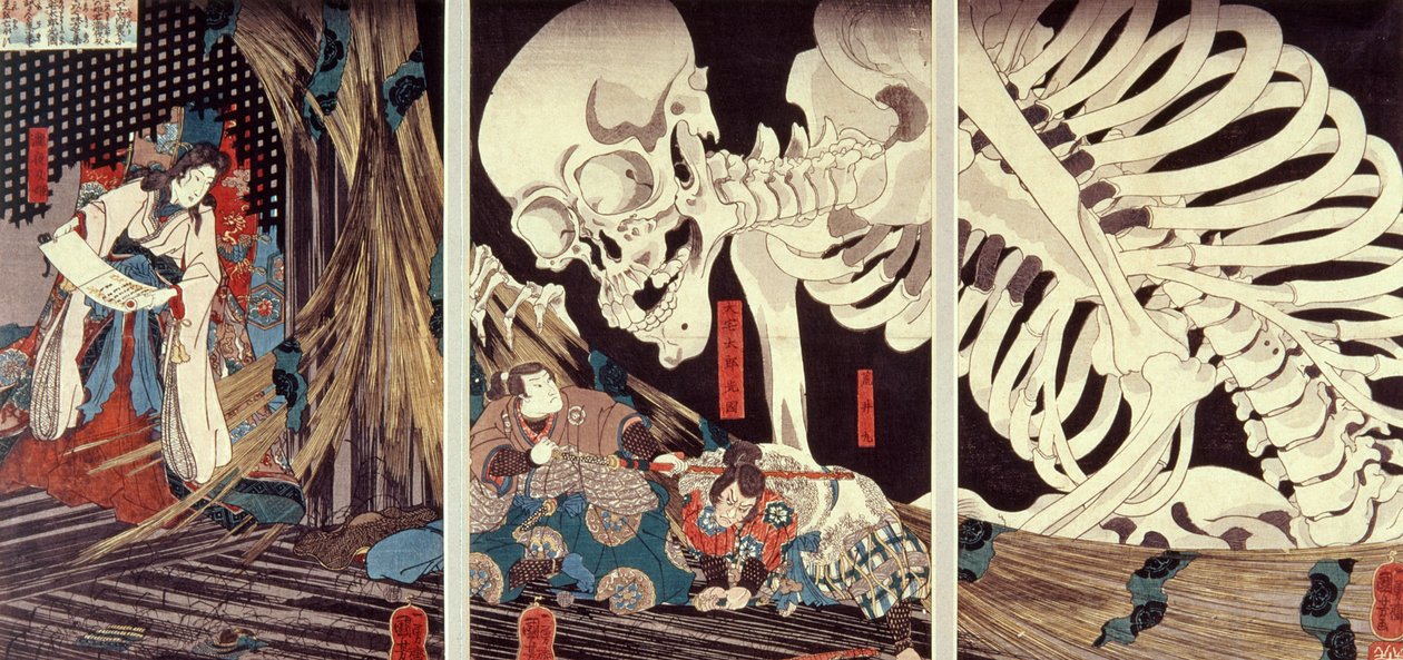 Mitsukini Desafiando o Espectro do Esqueleto, c.1845 (impressão de xilogravura colorida à mão) de Utagawa Kuniyoshi