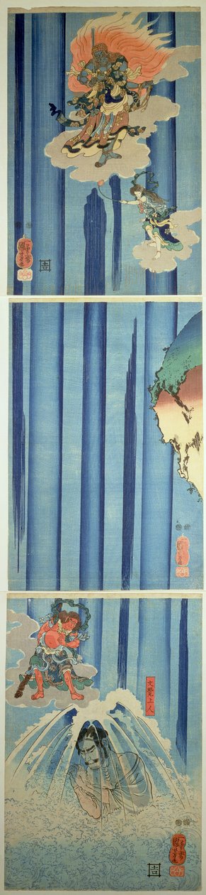 Mongaku Shonin sob a cachoeira, c.1851 (tríptico vertical) de Utagawa Kuniyoshi
