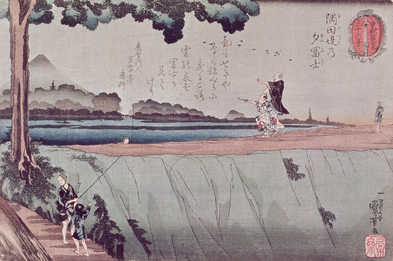 Monte Fuji do dique do rio Sumida, uma das vistas de Edo, c.1842 de Utagawa Kuniyoshi
