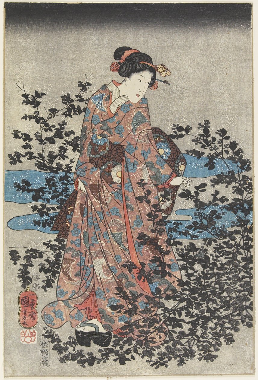 Cena Noturna com uma Beleza e Trevos de Bush, 1847-1852 de Utagawa Kuniyoshi