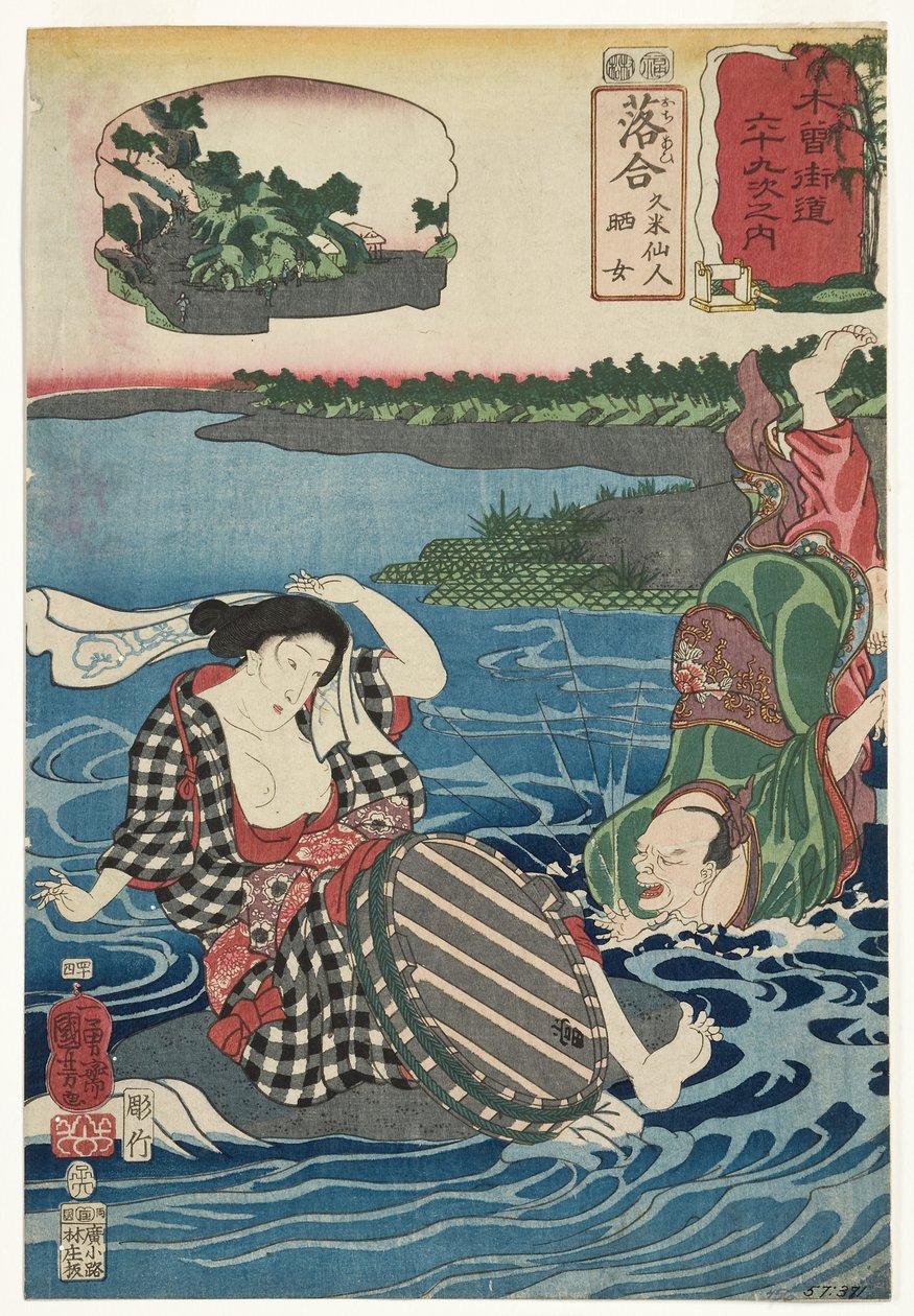 Ochiai: Kume Sennin e a Lavadeira, 1852 (xilogravura) de Utagawa Kuniyoshi