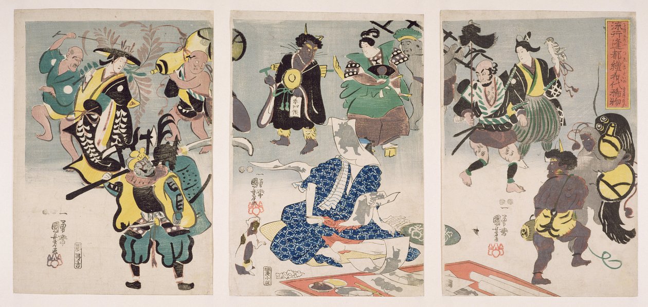 Otsu-e Pinturas Coming Alty Triptych, c.1847-52 (impressão em xilogravura) de Utagawa Kuniyoshi