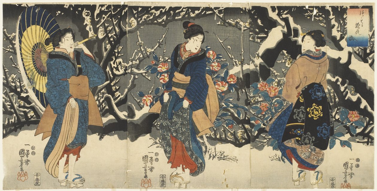 Flores de ameixa na neve da noite, 1847-1852 de Utagawa Kuniyoshi