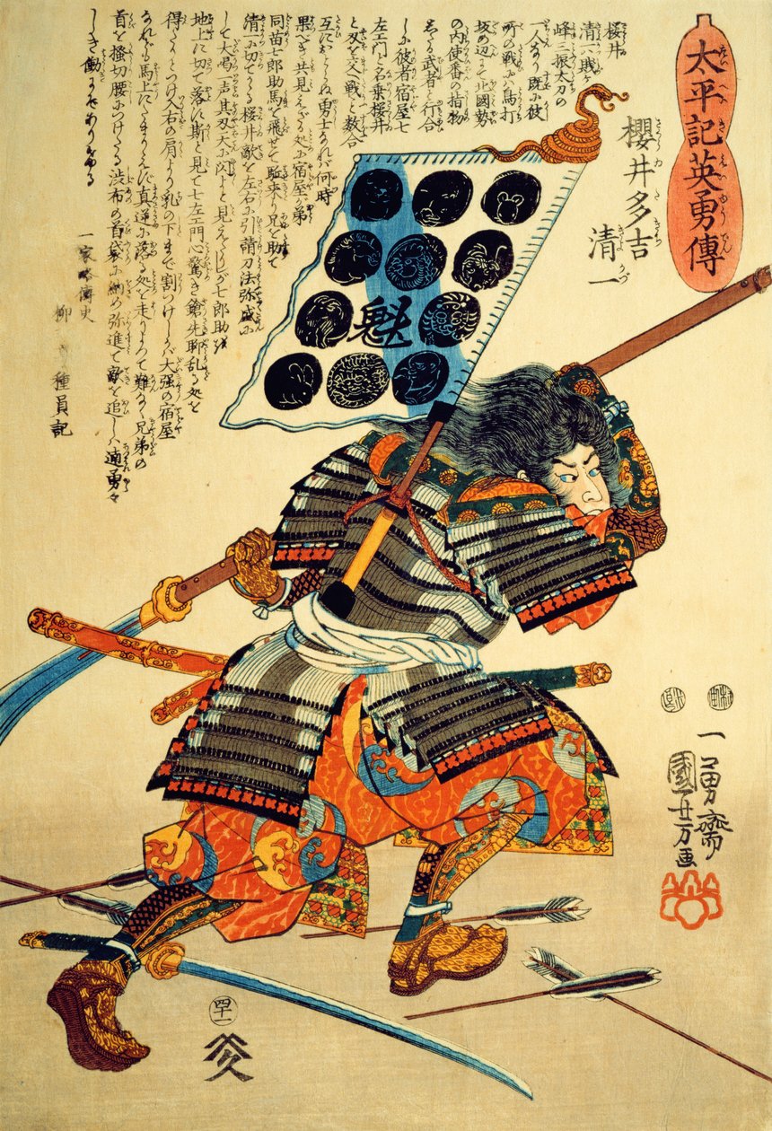 Sakuri Takichi Kiyokazu enquanto desferia um golpe com sua Naginata (impressão em xilogravura colorida) de Utagawa Kuniyoshi