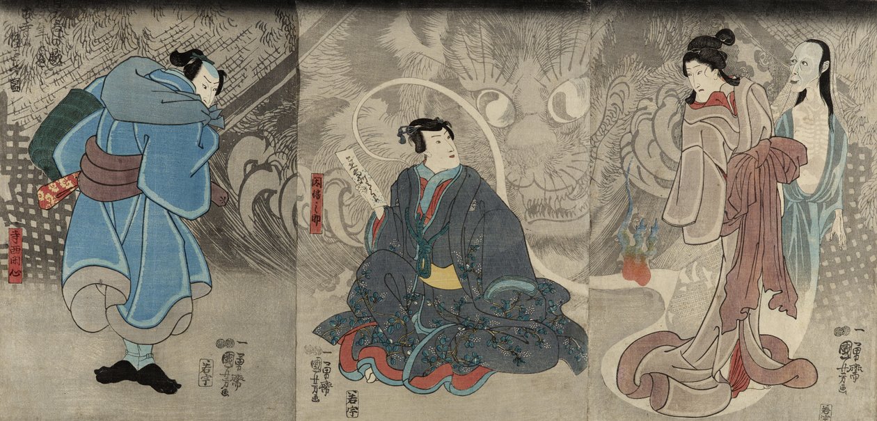 Cena de uma história de fantasma: O demônio do gato de Okazaki, 1847-48 (impressão do woodblock da cor) de Utagawa Kuniyoshi