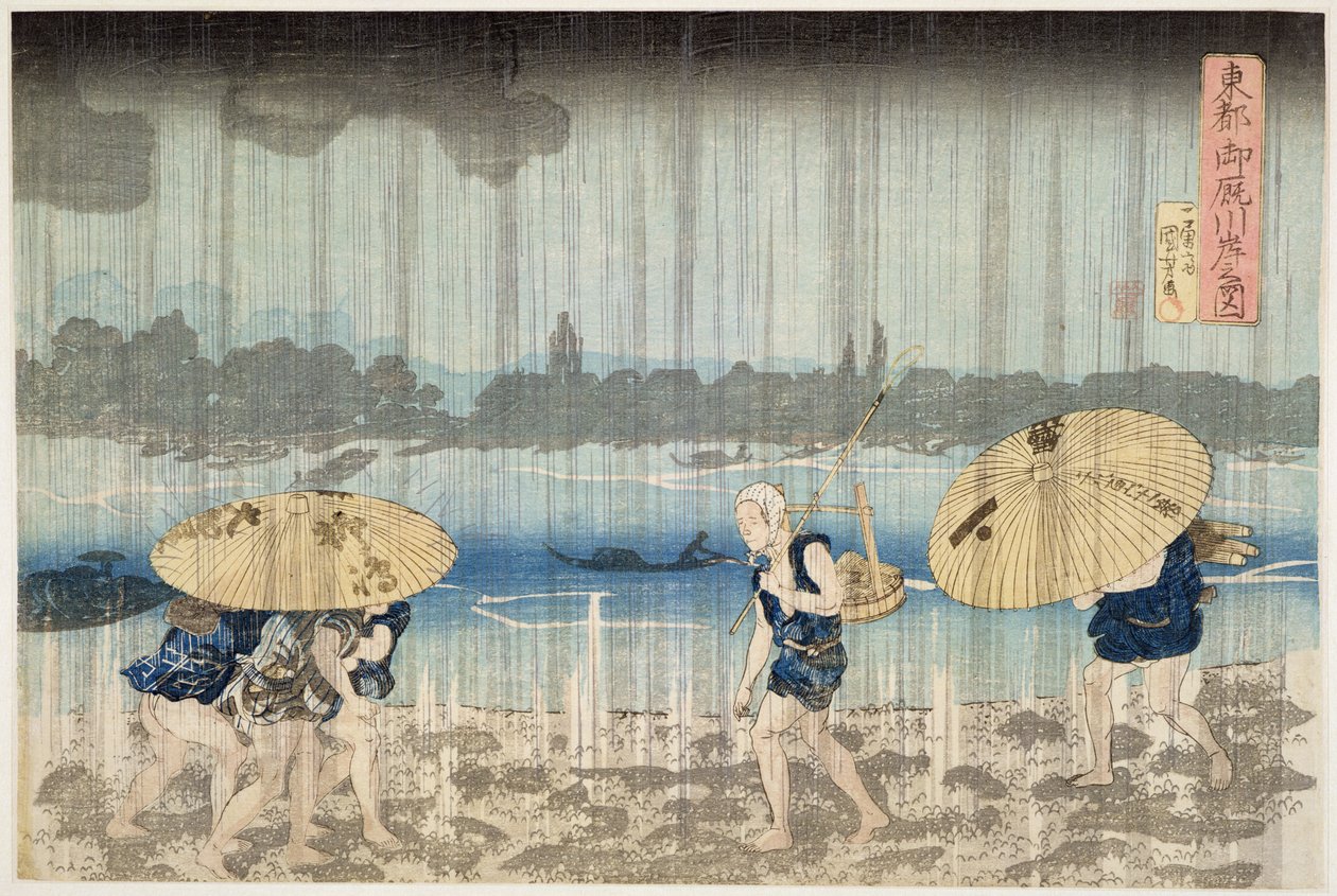 Chuva nas margens do rio Sumida, em Ommaya Embankment, em Edo, c.1834 (impressão em xilogravura) de Utagawa Kuniyoshi
