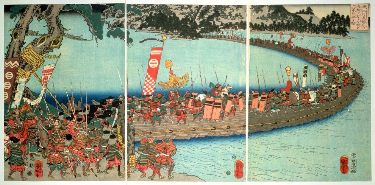 A ponte de barcos na batalha do Nagaragawa, c.1844, (impressão de woodblock de cor) de Utagawa Kuniyoshi