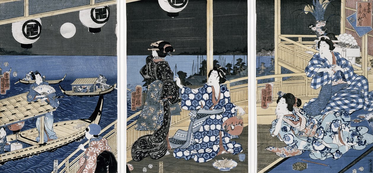 Uma lua do outono sobre Fukagawa (o distrito do prazer), da série "Azuma Genji" (príncipe Genji da capital do leste (Edo) 1856 (impressão do woodblock da cor) de Utagawa Sadahide