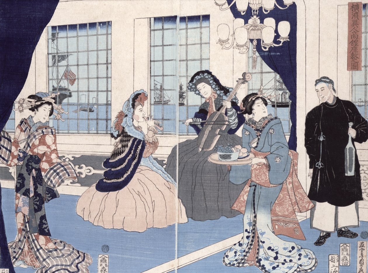 O salão de uma casa de comerciantes estrangeiros em Yokohama, 1861 (impressão de woodblock de cor) de Utagawa Sadahide