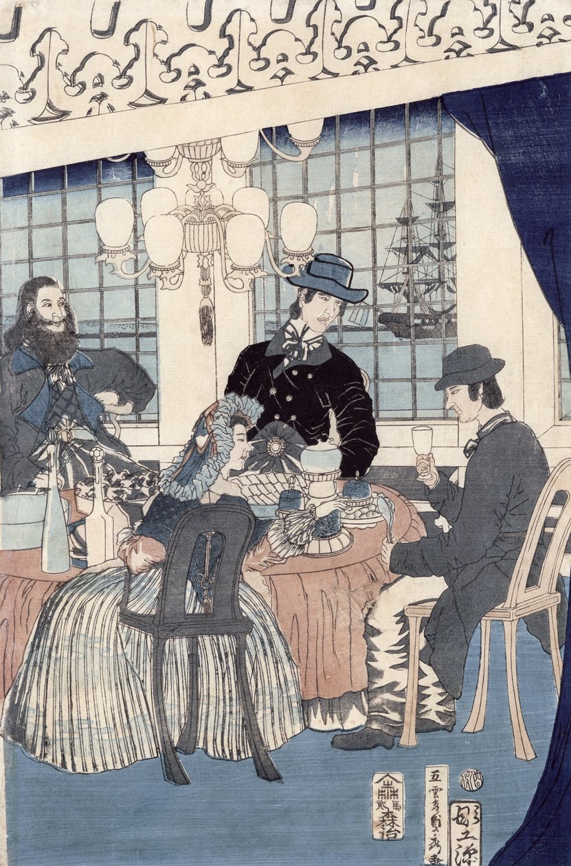 O salão de uma casa de comerciantes estrangeiros em Yokohama, 1861 (impressão de woodblock de cor) de Utagawa Sadahide