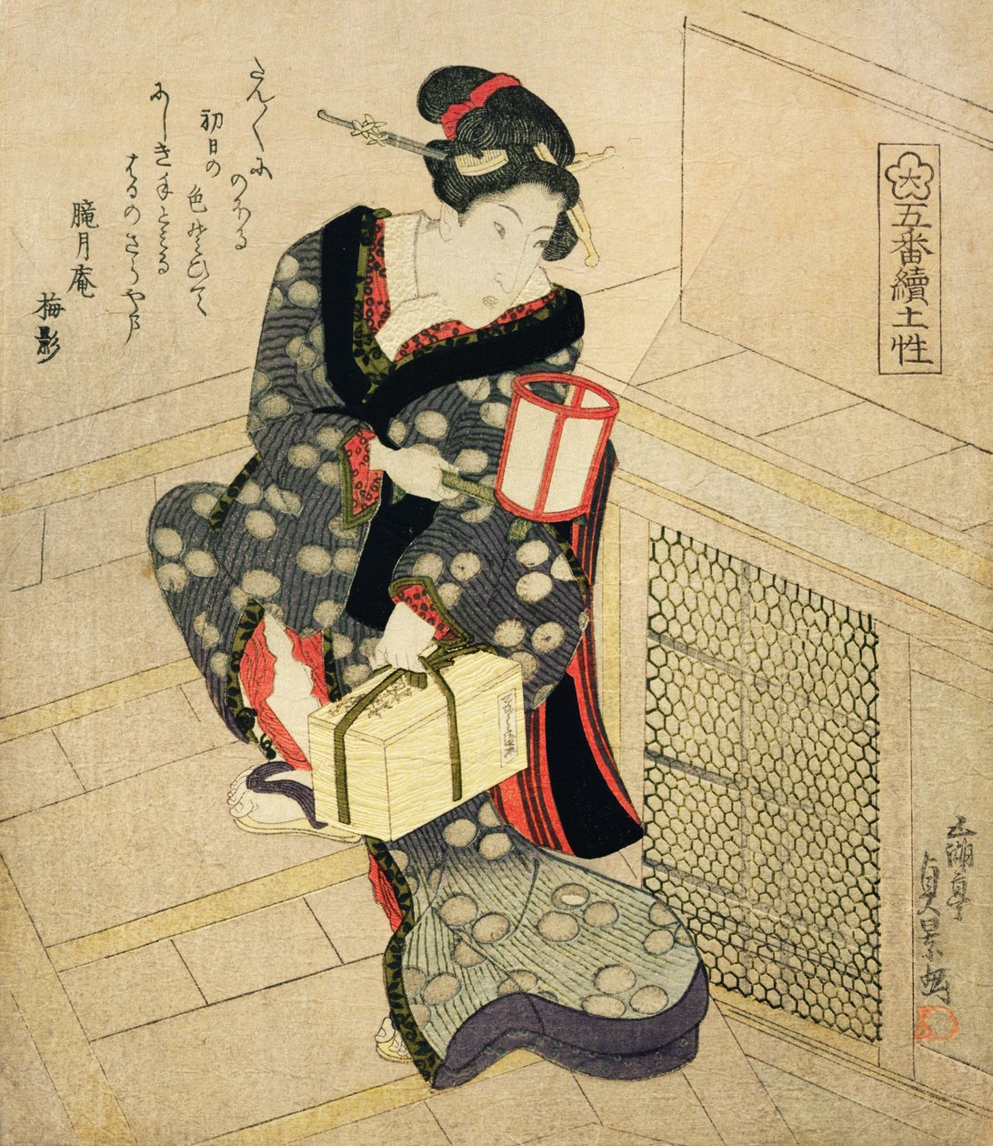 Mulher subindo as escadas segurando uma lâmpada e uma caixa (impressão de woodblock de cor) de Utagawa Sadakage