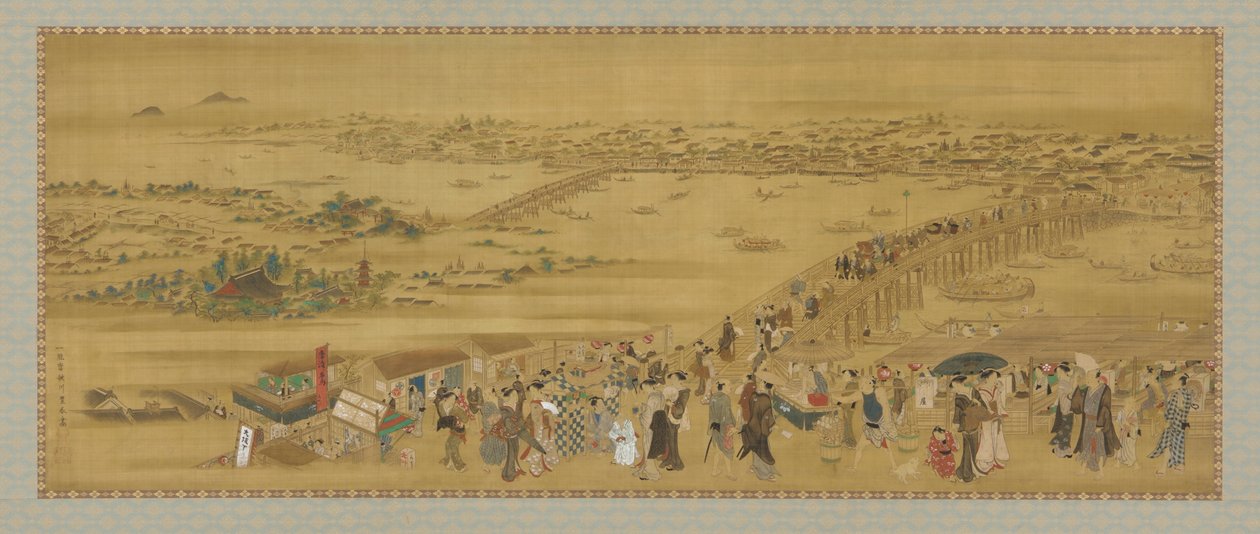 Ponte Ryogoku, período Edo (cor e ouro em seda) de Utagawa Toyoharu