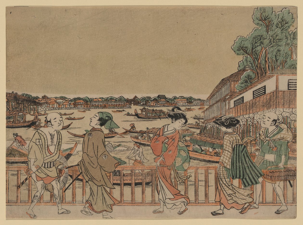 pedestres atravessando uma ponte sobre um rio em que existem barcos de Utagawa Toyoharu