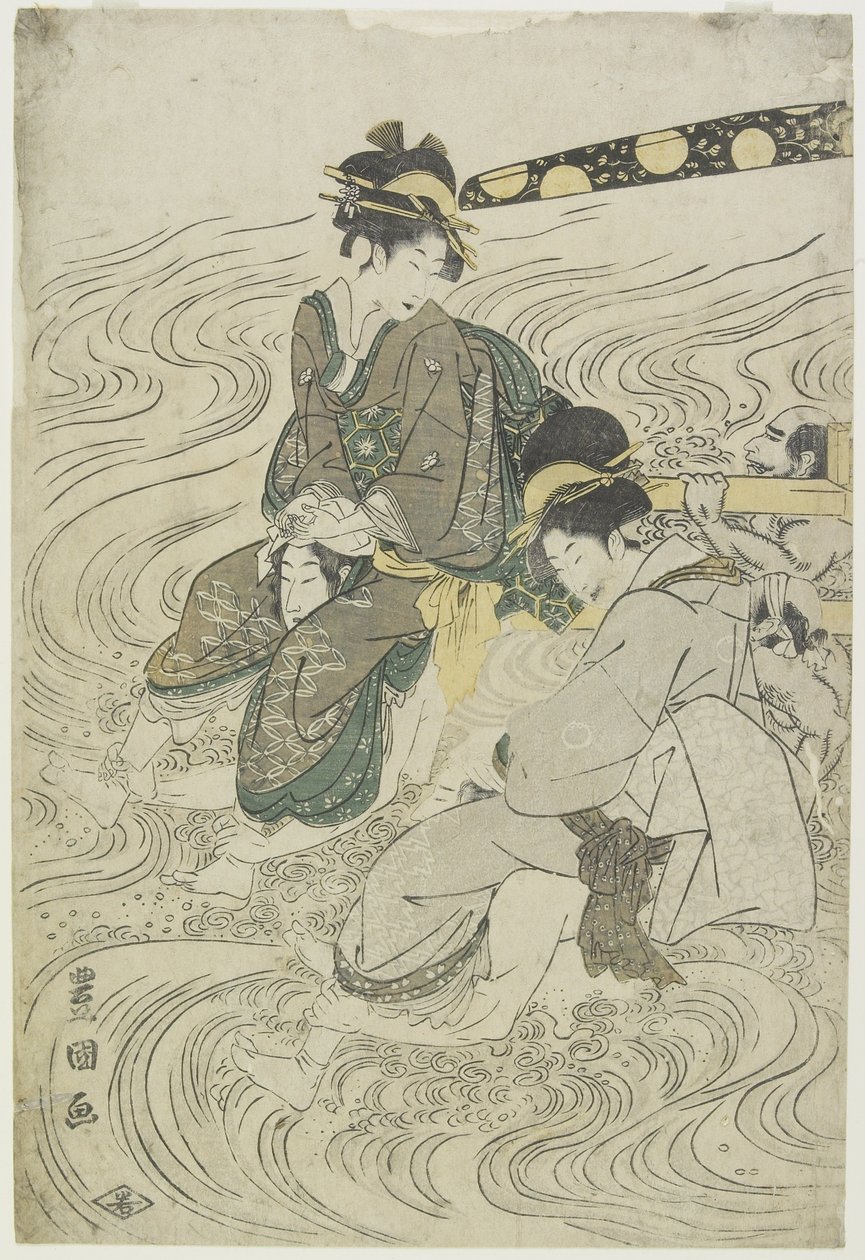 (Duas mulheres cruzando um rio nos ombros dos coolies) de Utagawa Toyokuni