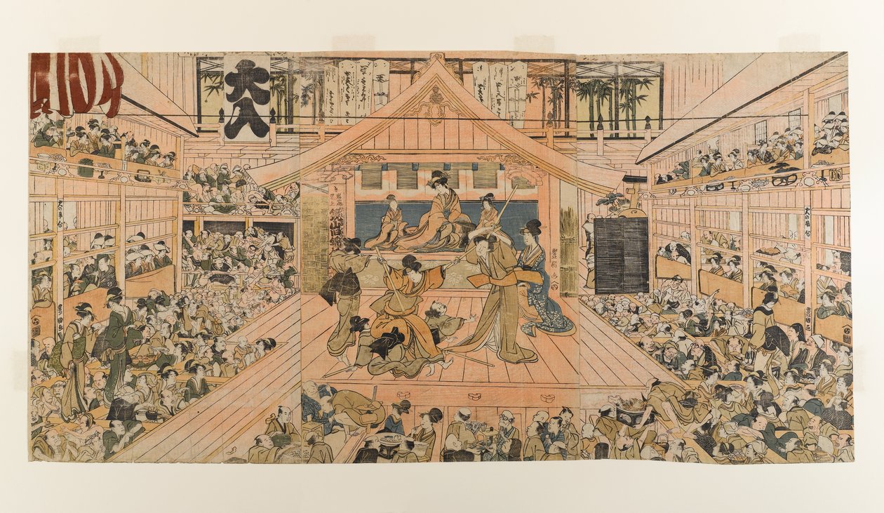 Vista Interior do Teatro Kabuki Kawarazaki-za, c.1800-1803 (impressão a cores em xilogravura) de Utagawa Toyokuni