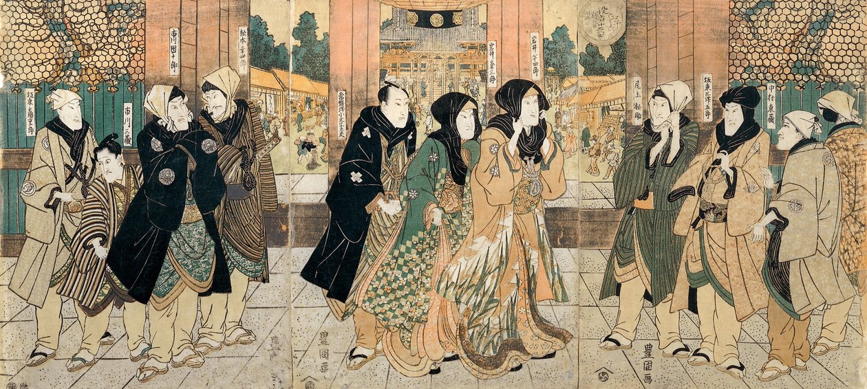Os atores kabuki (da esquerda para a direita) Bando Tsurujiro, Ichikawa Sanzo, Ichikawa Danjuro VII, Matsumoto K ... de Utagawa Toyokuni