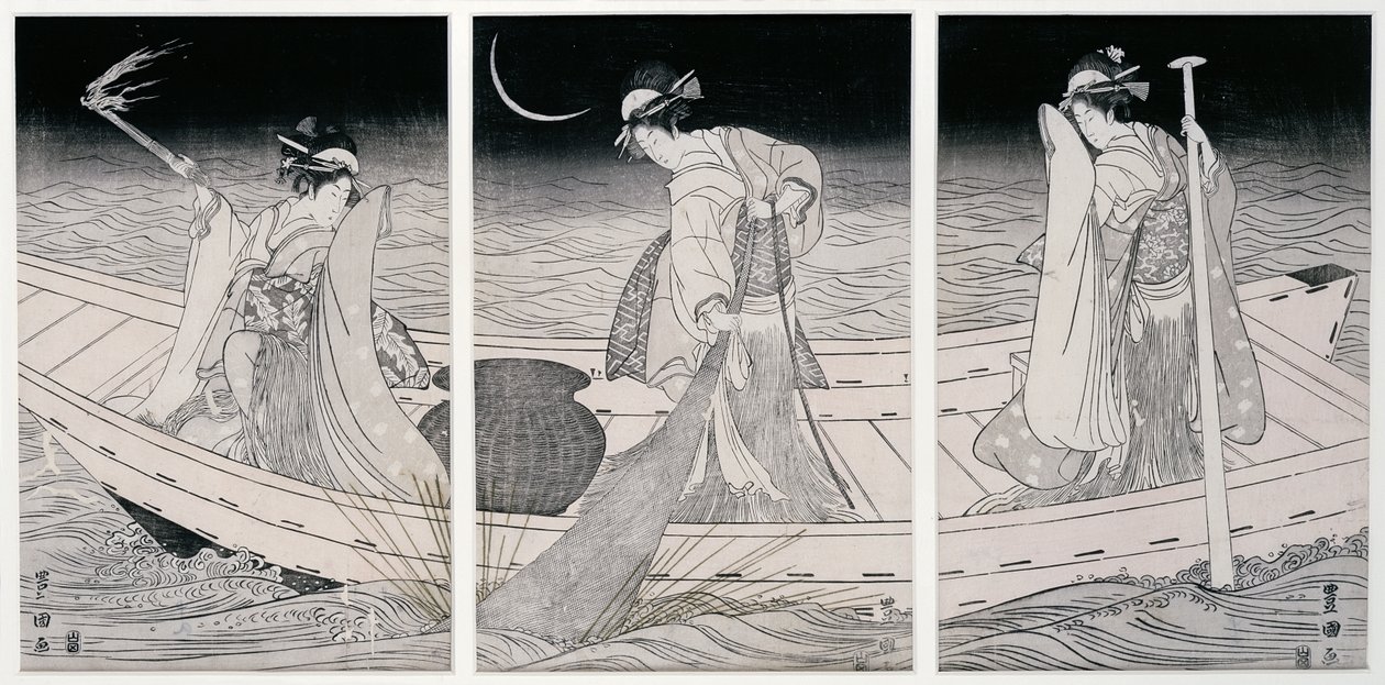Três mulheres, um barco, pesca, por, lamplight, (woodblock, impressão) de Utagawa Toyokuni