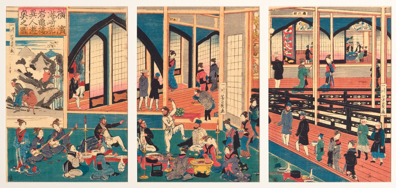 Estrangeiros Entretidos em Gankiro em Miyosaki em Yokohama, janeiro de 1861 (bloco de madeira) de Utagawa Yoshikazu