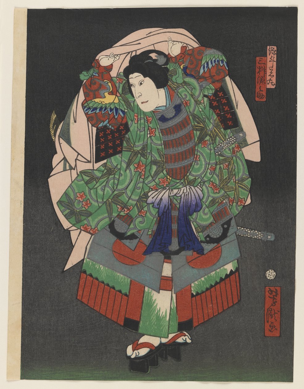 O ator de Osaka Kabuki Gennosuke III, 1868 (impressão em xilogravura a cores com prata e latão sobre papel) de Utagawa Yoshitaki