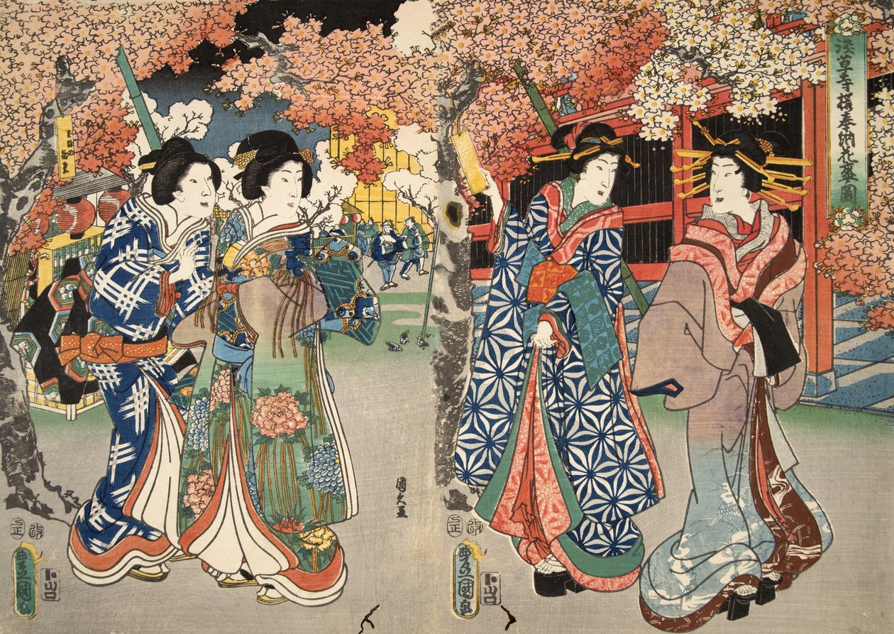 Cena de Genji monogatari (Conto de Genji) por Murasaki Shibuku (n. 978) c. 1860 (impressão em xilogravura a cores) de Utagawa and Toyokuni Kuniyoshi