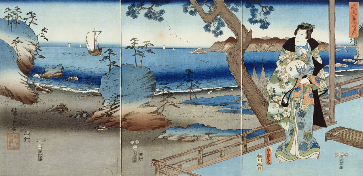 Príncipe Genji assistindo na praia de Suma (tríptico) de Utagawa  Hiroshige and Kunisada
