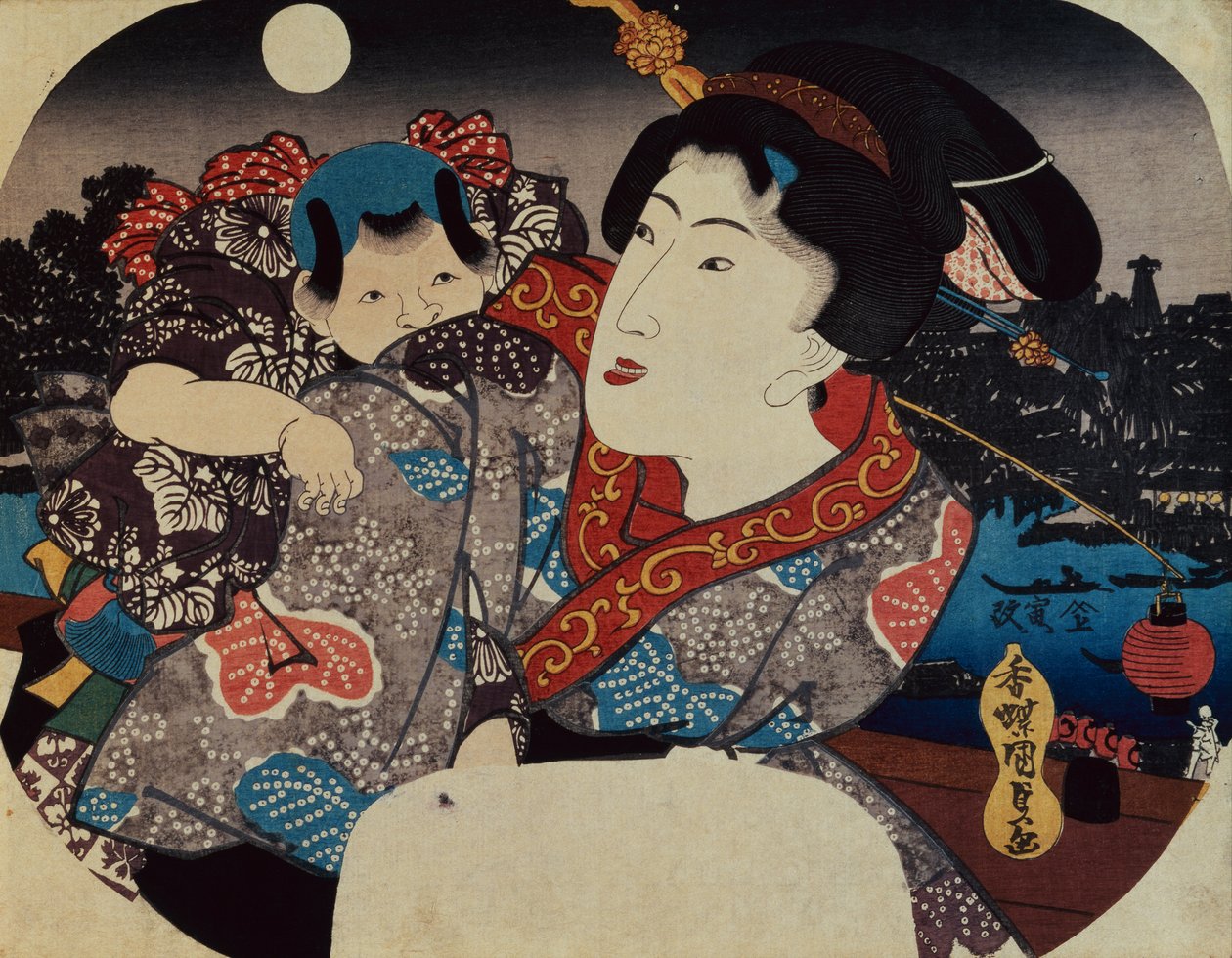 Uma mulher carregando uma criança nas costas (impressão em xilogravura) de Utagawa Kunisada