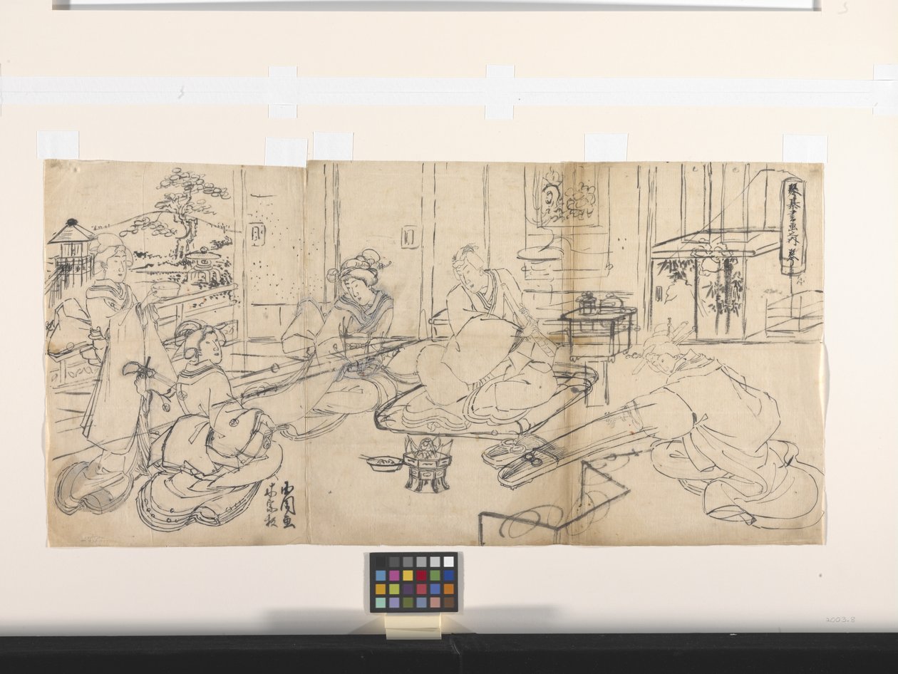 Os Quatro Realizadores (Música, Go, Caligrafia, Pintura): Música (Koto) (tinta sobre papel) de Utagawa (1786 1865) Kunisada