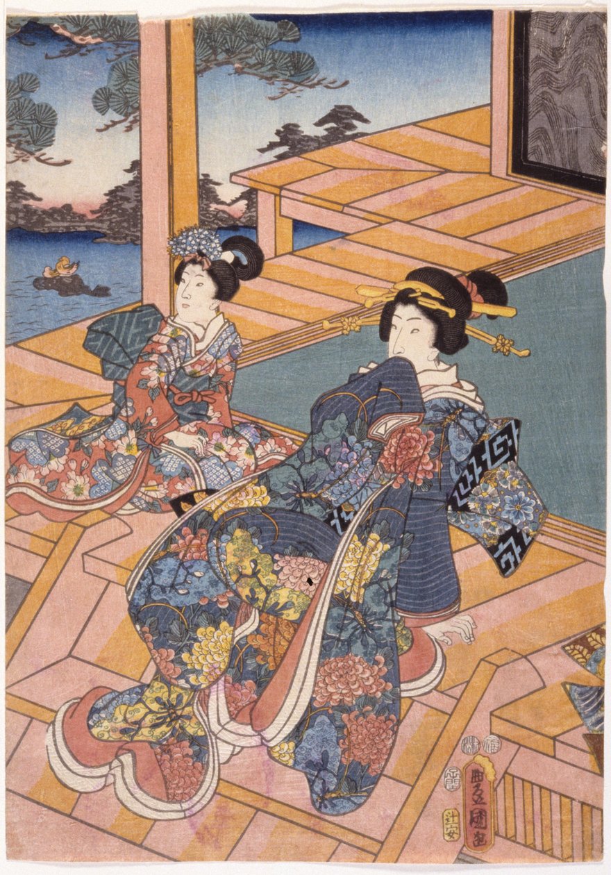 Two Ladies On A Terrace (impressão em bloco de madeira a cores) de Utagawa (1786 1865) Kunisada