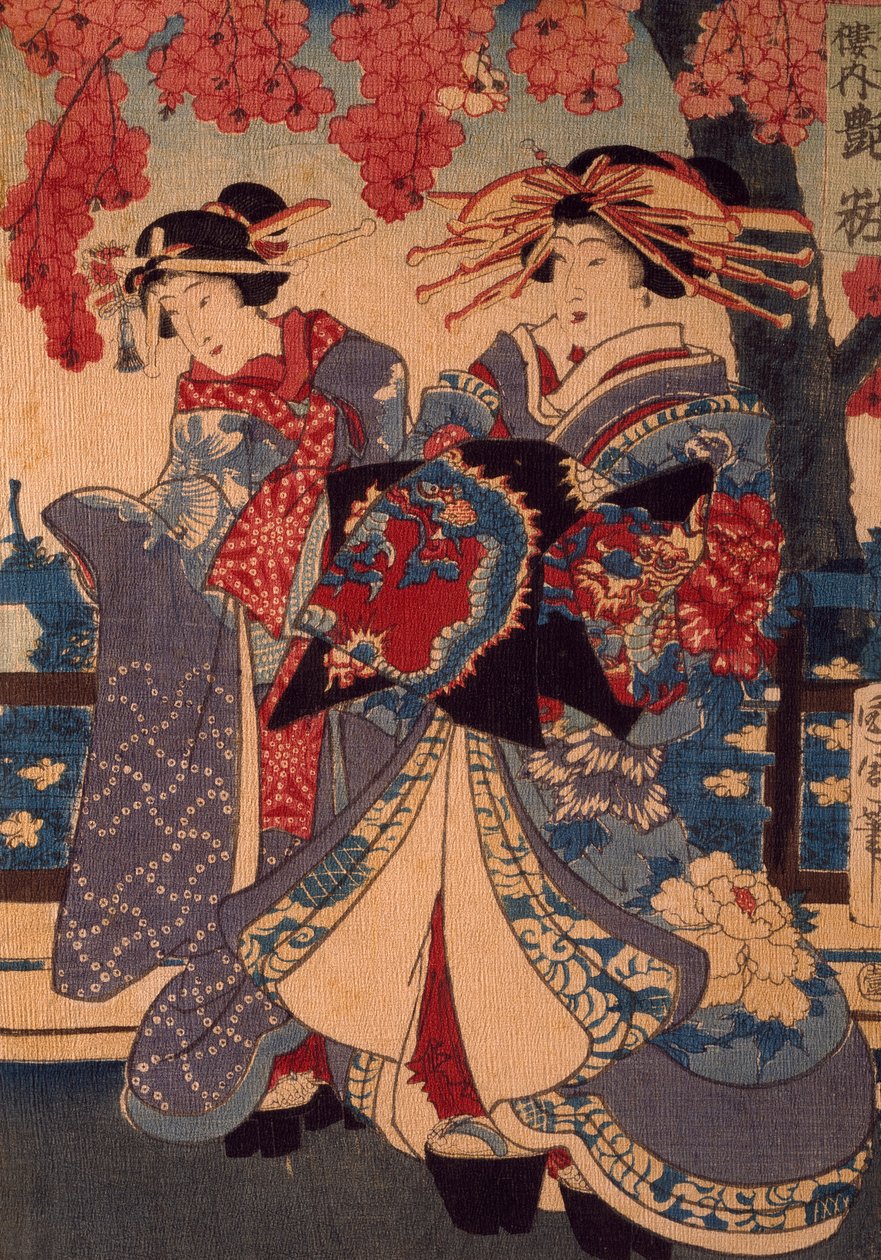 Duas Mulheres num Jardim de Flores, de Utagawa Kunisada, técnica de xilogravura, crepom de Utagawa Kunisada