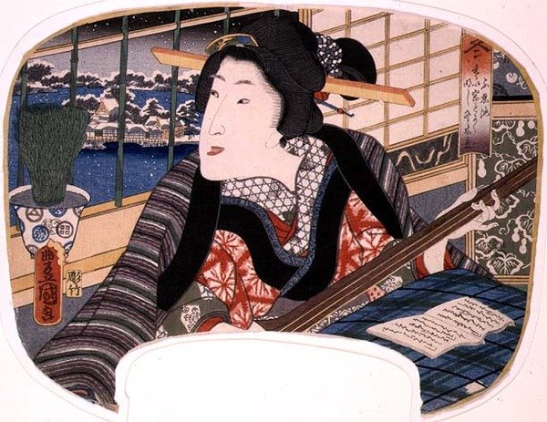 Winter, Shinobazu Pond; Uma gueixa praticando uma balada, design para um fã de um conjunto de quatro ilustrando as estações do ano de Utagawa Kunisada