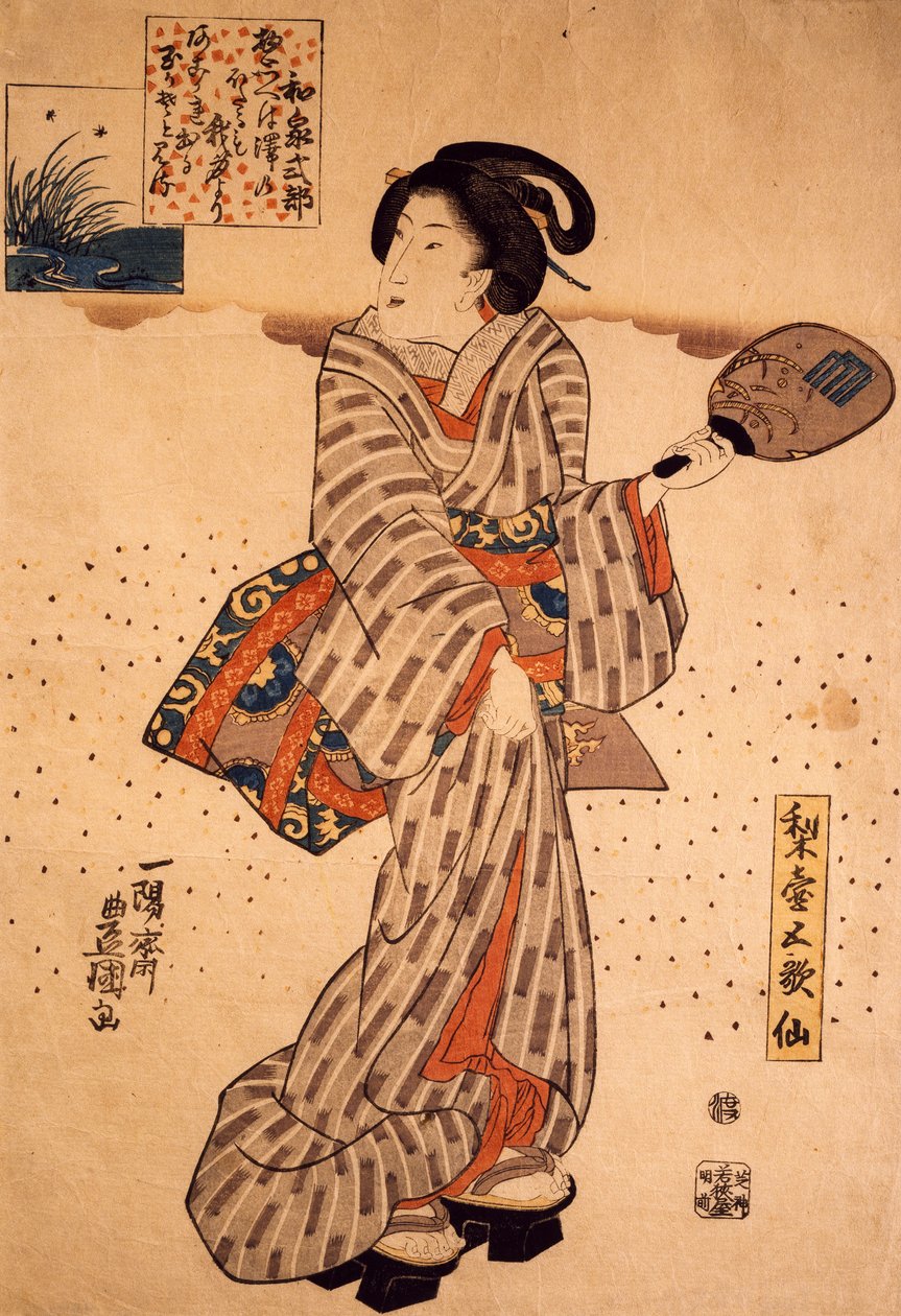 Mulher com um ventilador rígido, de Utagawa Kunisada, xilogravura, técnica nishiki-e de Utagawa Kunisada