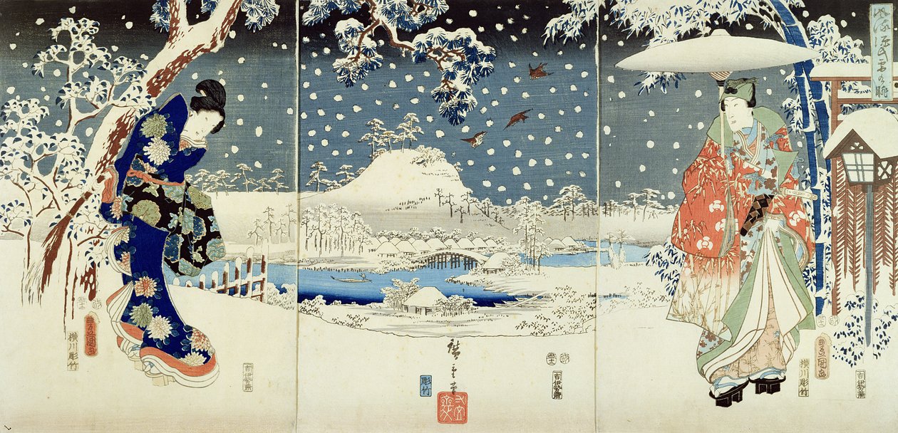 Cena de neve no jardim de um daimio (tríptico) de Utagawa  Hiroshige and Kunisada