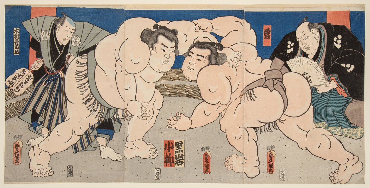 Luta dos lutadores de sumo Koyanagi e Kuroiwa. Impresso por Utagawa Kunisada (1786-1865) de Utagawa Kunisada