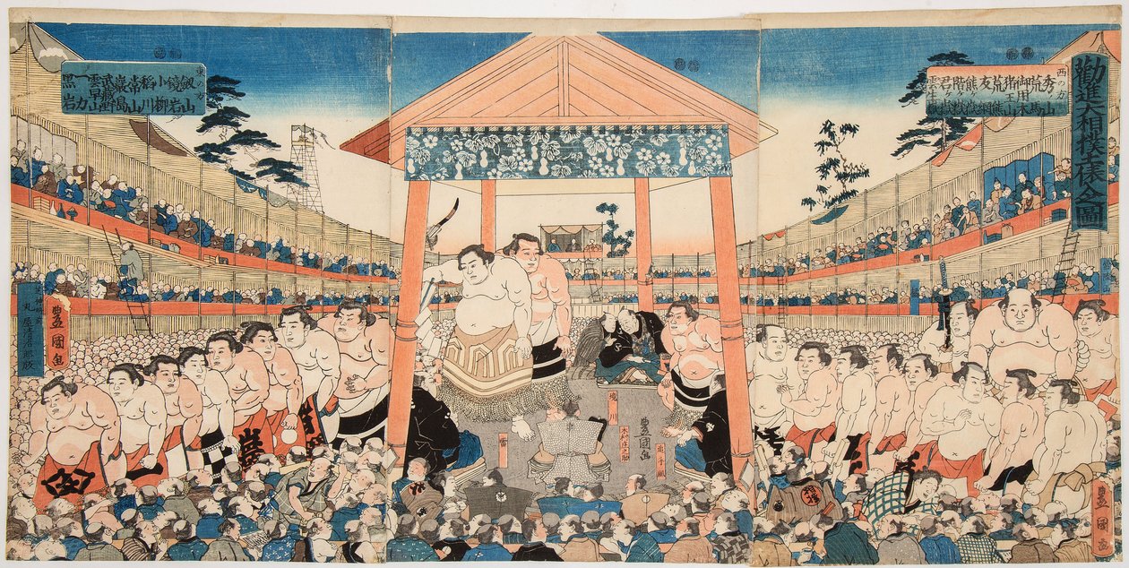 Kanjin Ozumo (procissão de lutadores de sumo para uma luta de angariação de fundos). Impressão de Utagawa Kunisada (1786-1865) - Kanjin Ozumo, de Kunisada (Toyokuni III), Utagawa (1786-1865). Lenhador a cores, c. 1850. Dimensão : 37,5x75,5 cm. Colecções Pr de Utagawa Kunisada