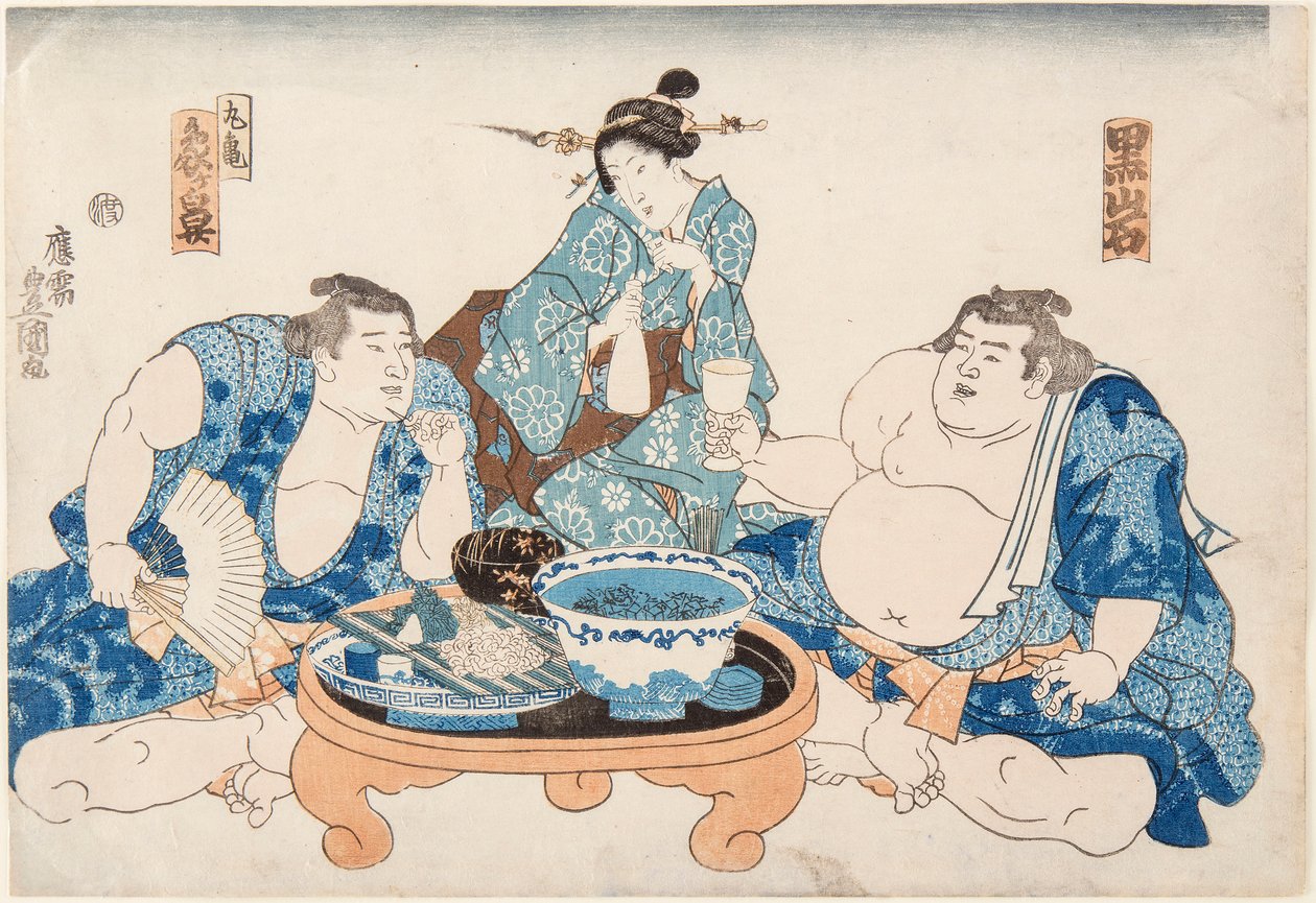 Os lutadores de sumo Kuroiwa e Zogahana com uma gueixa. Impresso por Utagawa Kunisada (1786-1865) de Utagawa Kunisada