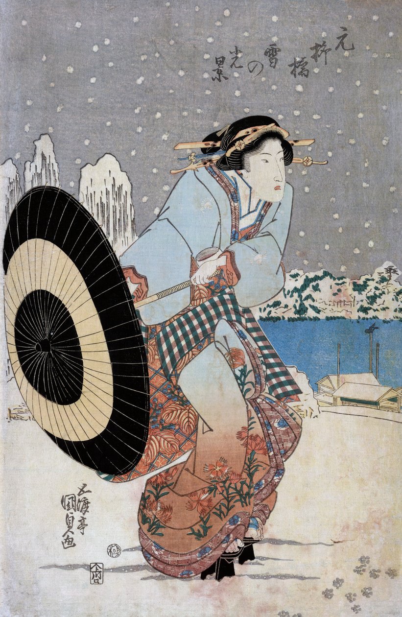 Cena nocturna na Ponte Motonoyanagi, c.1825 (impressão em bloco de madeira) de Utagawa Kunisada