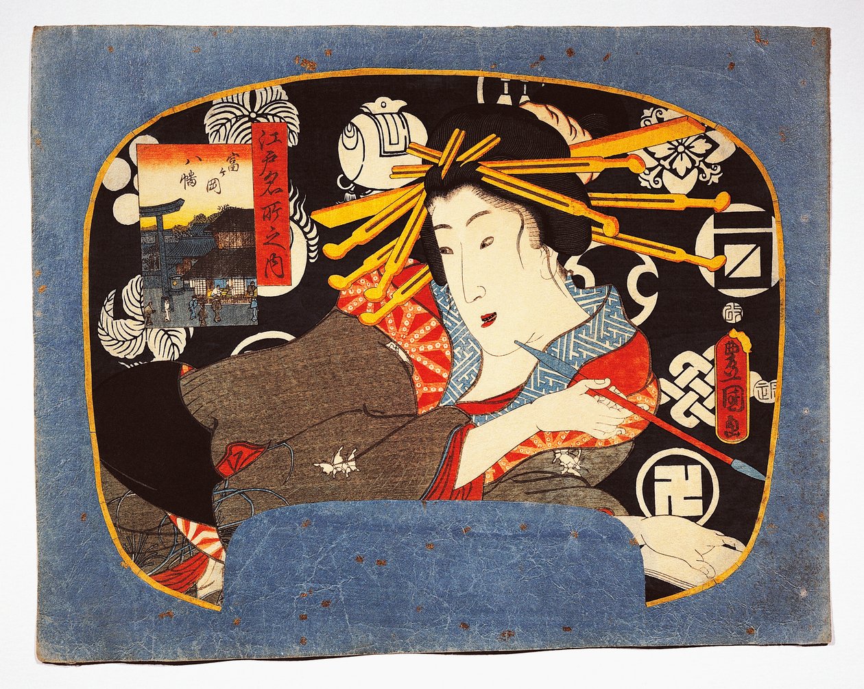 Courtesan com cano longo, templo Hachiman no interior à esquerda de Utagawa Kunisada