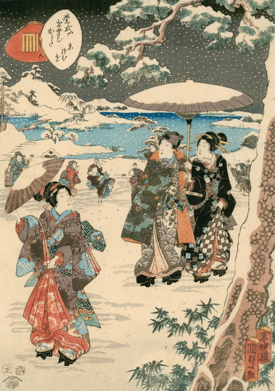Figuras com Chapéus-de-sol na neve (Uma cena de The Tale of Genji) (xilogravura a cores sobre papel) de Utagawa (1786 1865) Kunisada