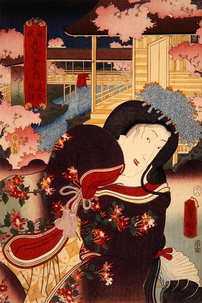 Hana-no-en bansho Katsuragi Genji mitate hakkei no uchi (Banquete de Flores, Sino da Noite: Katsuragi), c.1808-58 de Utagawa Kunisada