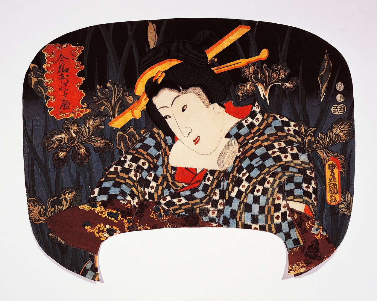 Retrato de cortesã com íris no fundo de Utagawa Kunisada